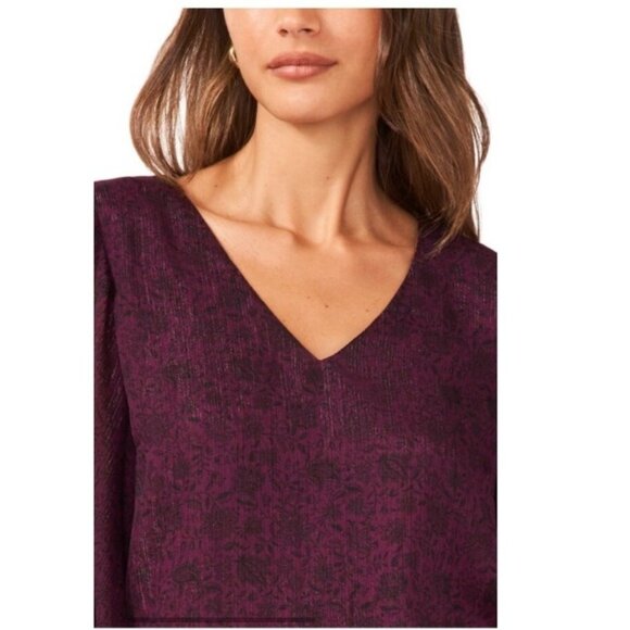 Halogen Metallic Balloon Sleeve Blouse Size XS V Neck Sheer Sleeve NWT Purple - Picture 5 of 14